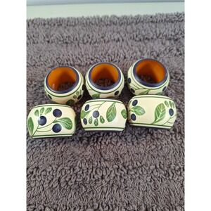 Dansk Wooden Napkin Rings 6 Pc Set Blueberry Leaf Hand Painted Fruit‎ Botanical